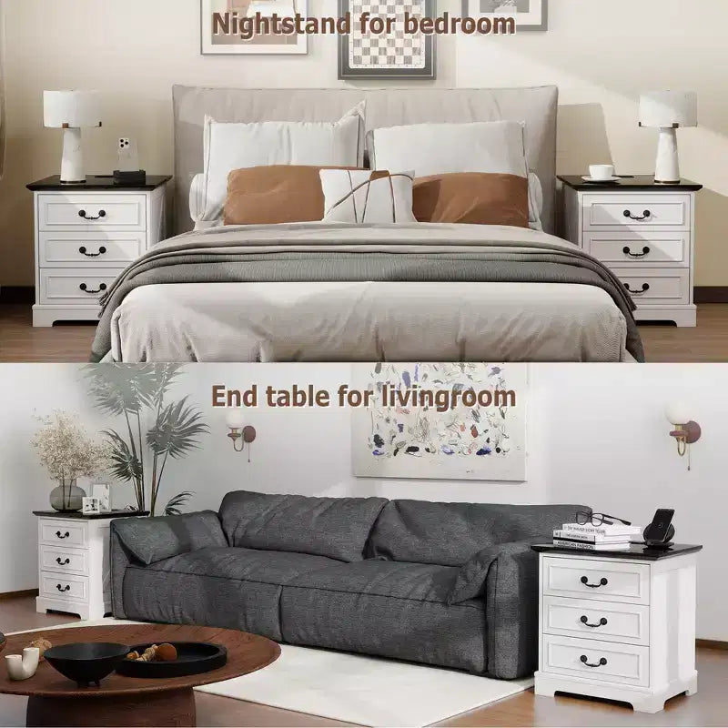 TYBOATLE Table de Chevet Blanche à 3 Tiroirs avec Station de Charge, Table de Chevet de Style Ferme avec Ports USB et Type-C, Grande Table d'Appoint pour Chambre à Coucher et Salon