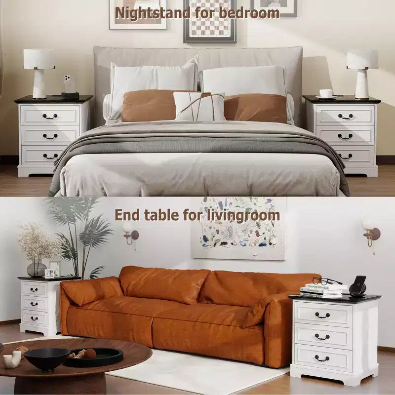 TYBOATLE Table de Chevet Blanche à 3 Tiroirs avec Station de Charge, Table de Chevet de Style Ferme avec Ports USB et Type-C, Grande Table d'Appoint pour Chambre à Coucher et Salon