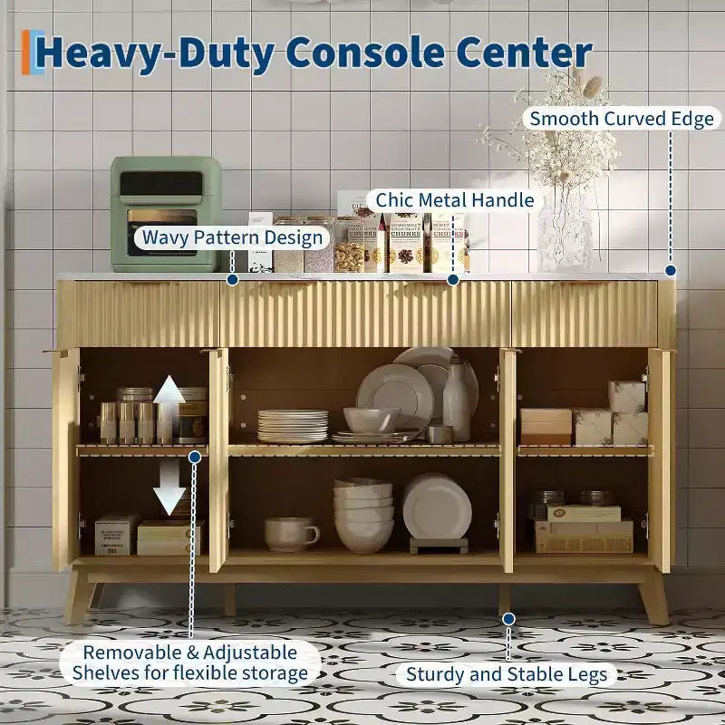 Buffet de salle à manger cannelé avec 3 tiroirs de rangement et étagères réglables, meuble de rangement moderne de 152 cm de large pour salon