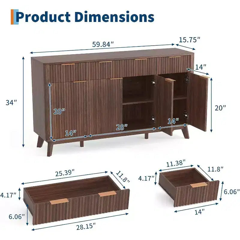 Buffet de salle à manger cannelé avec 3 tiroirs de rangement et étagères réglables, meuble de rangement moderne de 152 cm de large pour salon