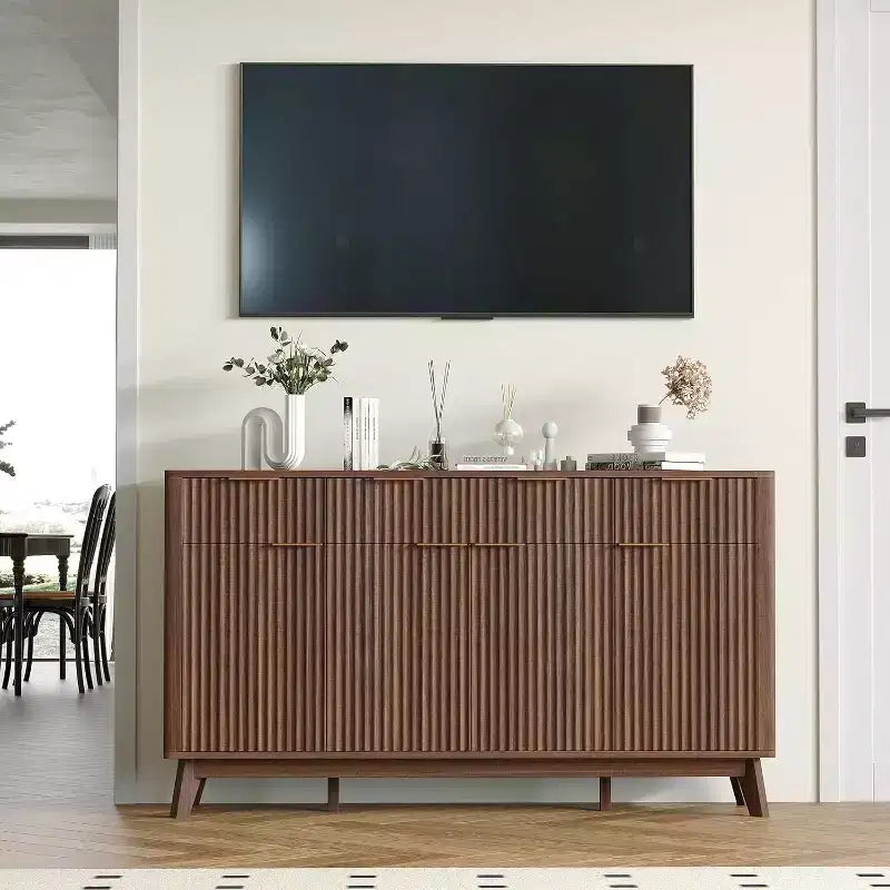 Buffet de salle à manger cannelé avec 3 tiroirs de rangement et étagères réglables, meuble de rangement moderne de 152 cm de large pour salon