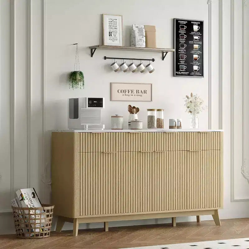 Buffet de salle à manger cannelé avec 3 tiroirs de rangement et étagères réglables, meuble de rangement moderne de 152 cm de large pour salon