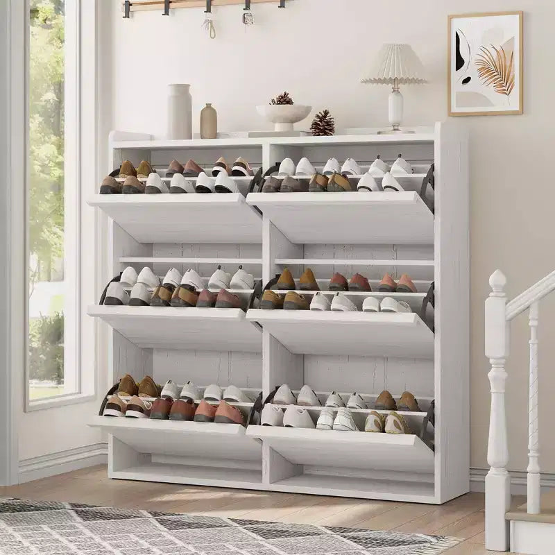 Meuble à chaussures avec 3 tiroirs basculants, meuble à chaussures en bois avec étagères réglables, organiseur de rangement de chaussures à 4 niveaux pour entrée, couloir, salon