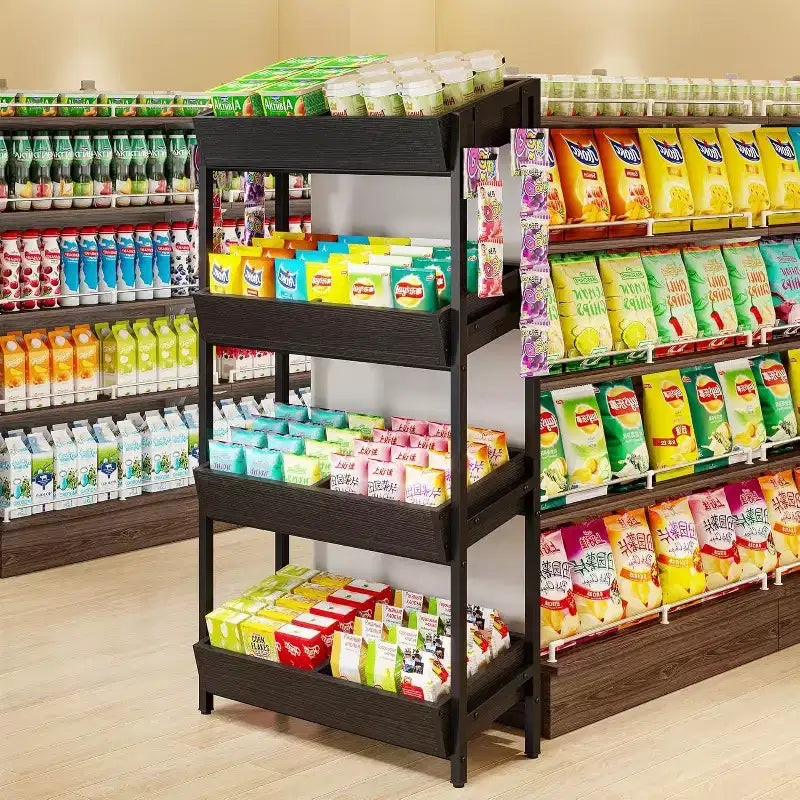 Étagère de présentation de snacks Lantine à 4 niveaux avec 4 crochets, idéale pour les vendeurs, les magasins, les supermarchés et les cuisines à domicile.