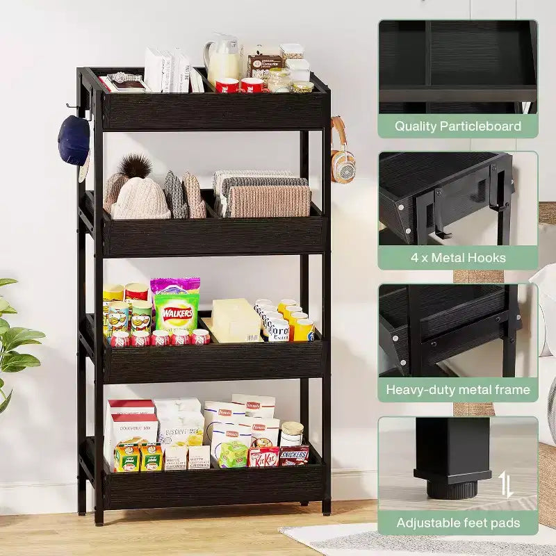 Étagère de présentation de snacks Lantine à 4 niveaux avec 4 crochets, idéale pour les vendeurs, les magasins, les supermarchés et les cuisines à domicile.