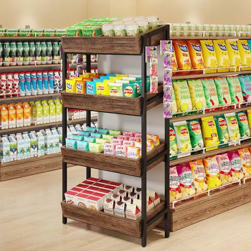 Étagère de présentation de snacks de détail à 4 niveaux Lantine avec 4 crochets, adaptée aux vendeurs, magasins, supermarchés et cuisines domestiques.