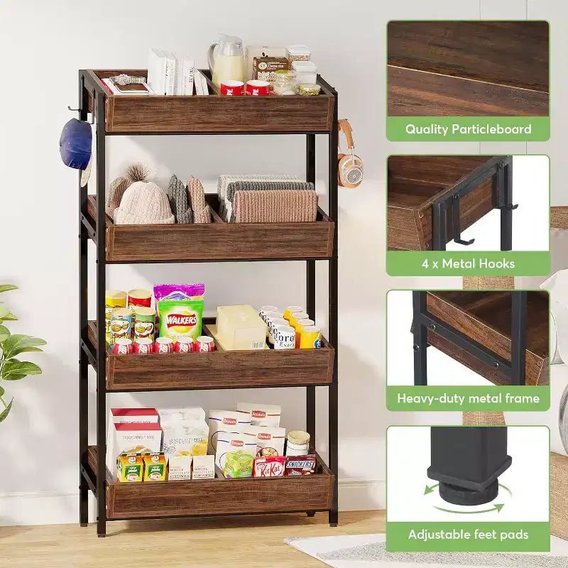 Étagère de présentation de snacks de détail à 4 niveaux Lantine avec 4 crochets, adaptée aux vendeurs, magasins, supermarchés et cuisines domestiques.