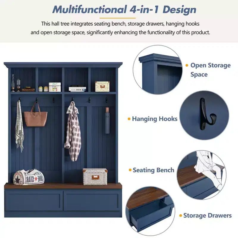 Clihome Portemanteau d'entrée 4-en-1 style ferme avec banc aspect bois et 2 grands tiroirs pour couloir