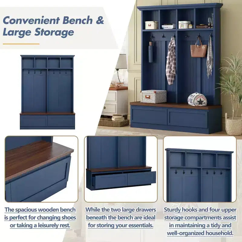 Clihome Portemanteau d'entrée 4-en-1 style ferme avec banc aspect bois et 2 grands tiroirs pour couloir