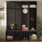 Clihome Farmhouse Hall Tree Walnut Seating Bench with 4 Hanging Hooks for Living Room