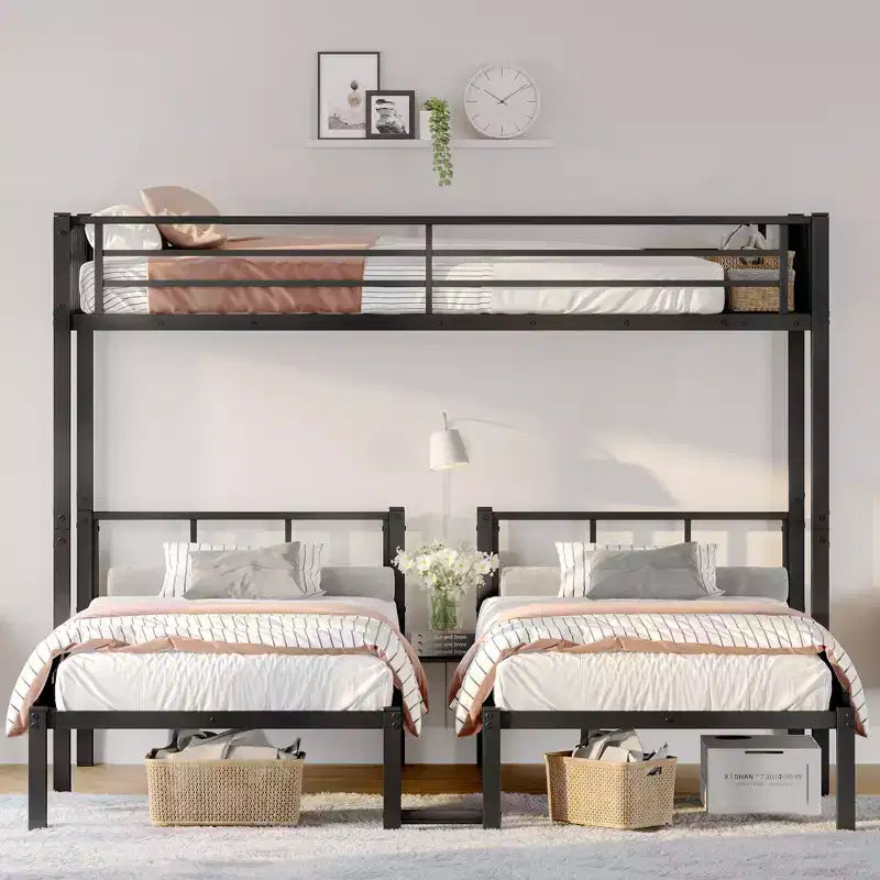 Bellemave Twin over Twin & Twin Bunk Beds for 3, Twin XL over Twin & Twin Bunk Bed Metal Triple Bunk Bed, Black