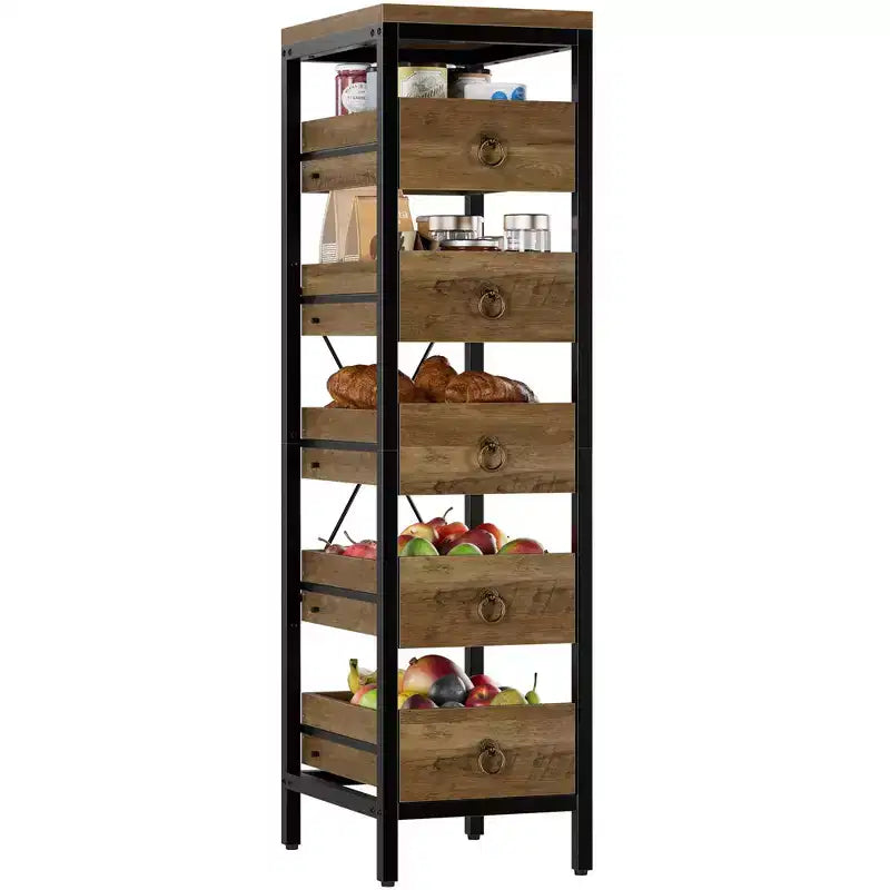 Étagère de rangement pour fruits et légumes en bois, présentoir étroit à 5 niveaux pour snacks et fruits, étagère utilitaire pour la cuisine, le salon, la chambre