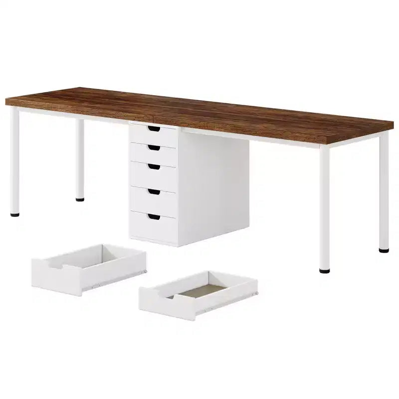 Bureau double, Long bureau d'ordinateur avec 5 tiroirs