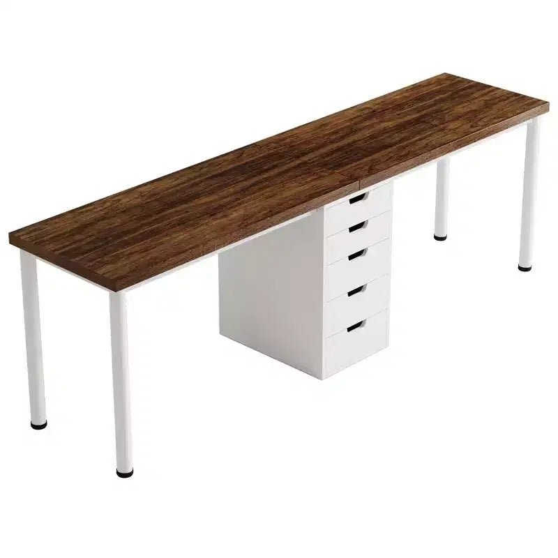 Bureau double, Long bureau d'ordinateur avec 5 tiroirs