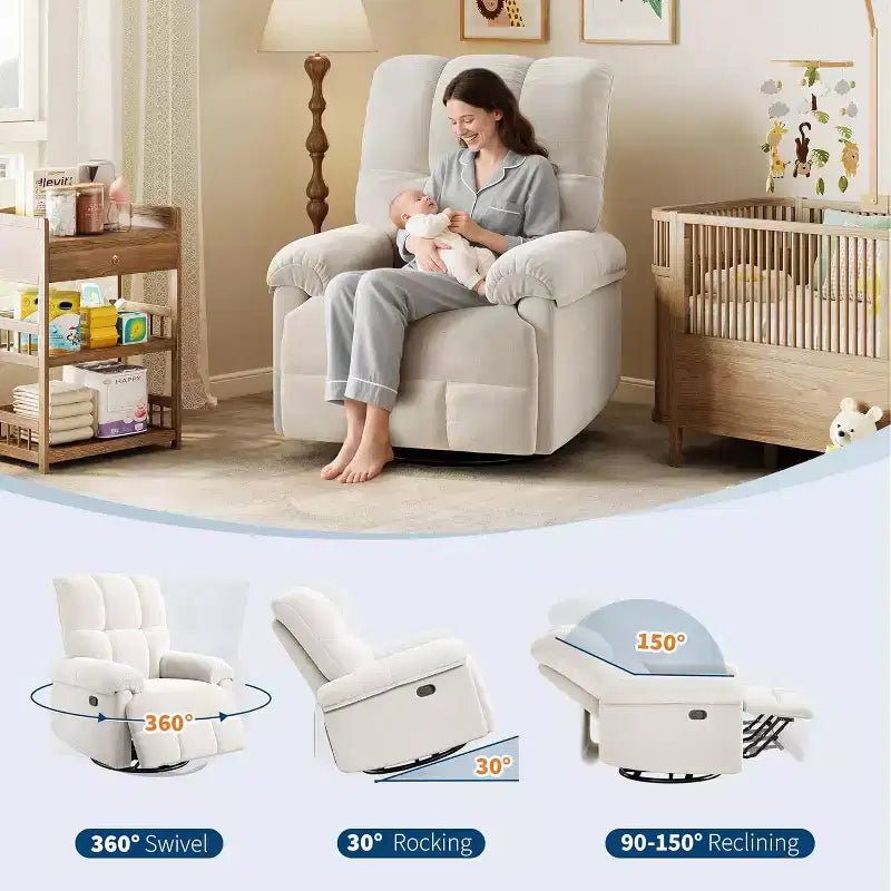 Fauteuil inclinable, pivotant et berçant avec support lombaire - Fauteuil à bascule manuel en chenille pour salon, chambre à coucher ou chambre d'enfant