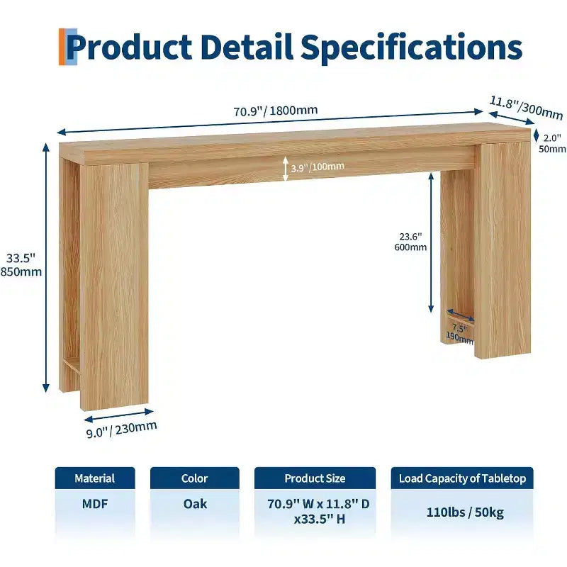 Console de ferme 70,9 pouces de long, table d'appoint rectangulaire étroite en bois pour la maison et le bureau, montage facile