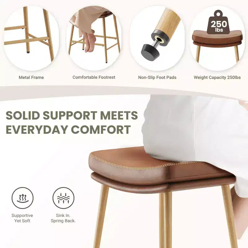 Lot de 2 tabourets de bar hauteur comptoir, chaises en cuir avec pieds en métal, marron
