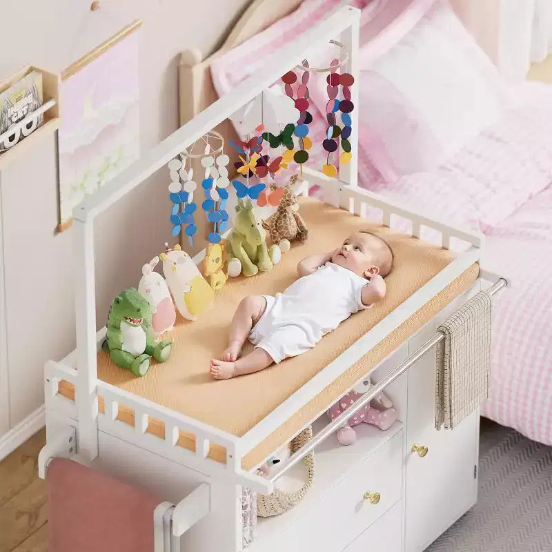 Table à langer JVNOXK avec 3 tiroirs extra-profonds, étagère de rangement et crochets, idéale pour les crèches, blanc