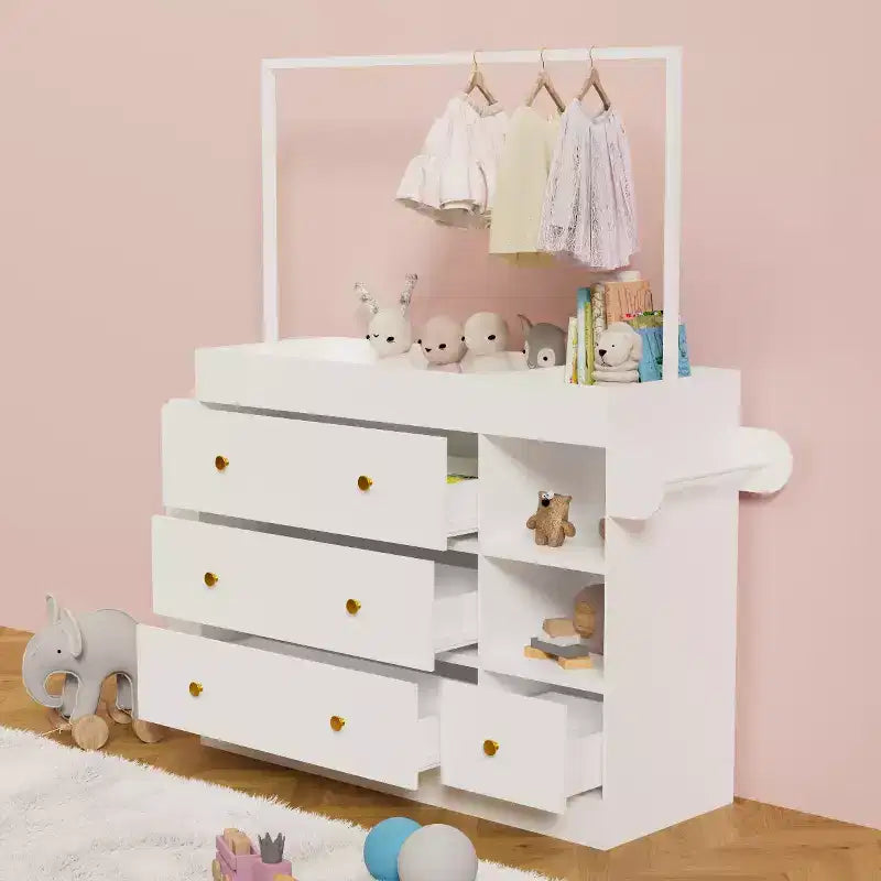Table à langer JVNOXK avec 3 tiroirs extra-profonds, étagère de rangement et crochets, idéale pour les crèches, blanc