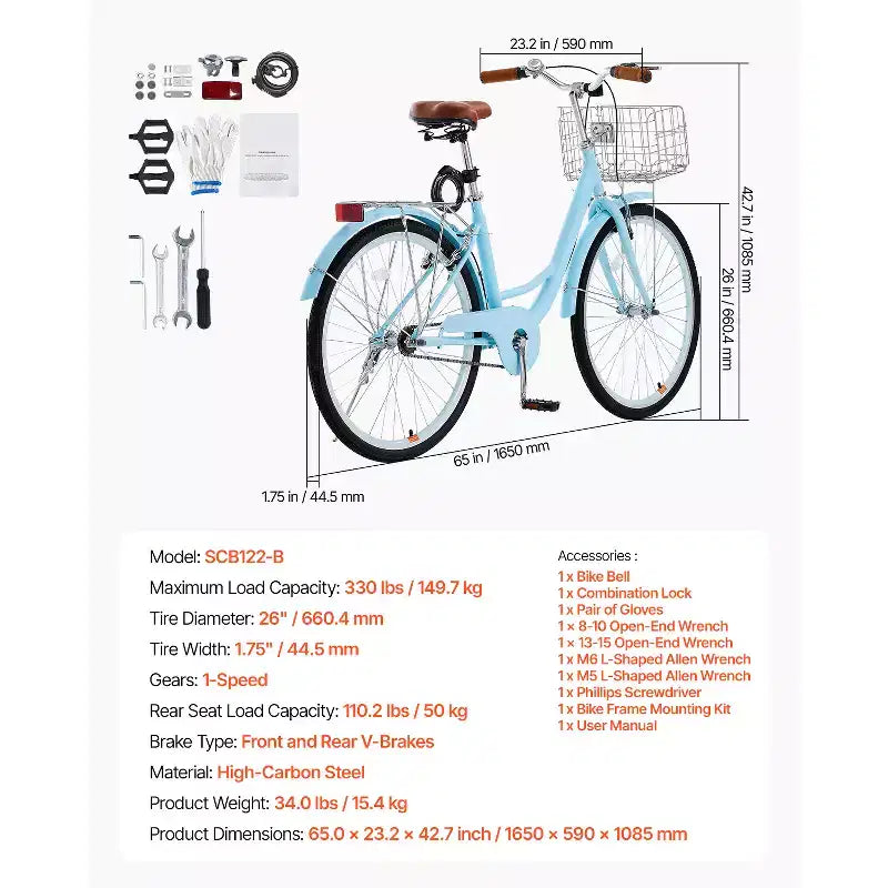 Vélo de croisière VEVOR, 1 vitesse, vélo de plage de 26 pouces bleu clair avec panier grande capacité et porte-bagages arrière, vélo de croisière sûr et robuste, bleu clair
