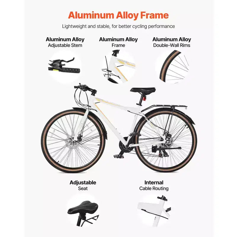 Vélo hybride VEVOR, cadre en aluminium léger, vélo hybride 700c pour hommes et femmes, vélos de ville urbains pour adultes avec cadre ouvert, blanc