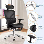 Chaise de bureau ergonomique, chaise de bureau confortable avec support lombaire haut et accoudoirs réglables en 3D, chaise pivotante pour le travail, les études, les jeux