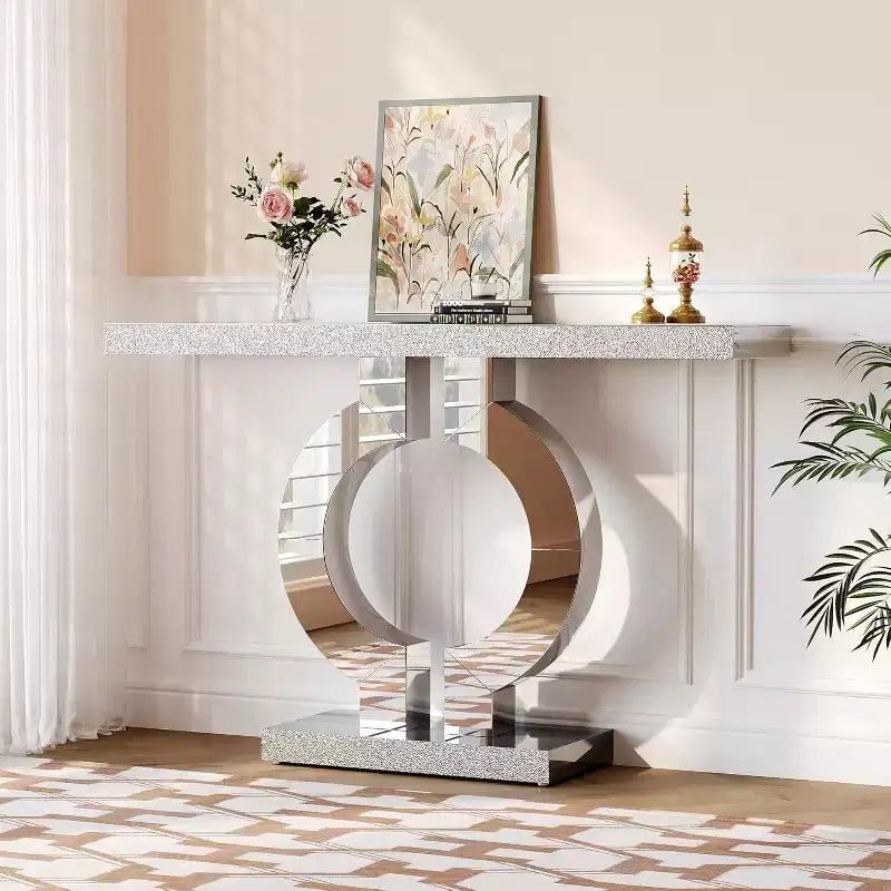 Console Lantine 43" en verre miroir avec base en O, table d'entrée ou de canapé pour salon, couloir, finition miroir