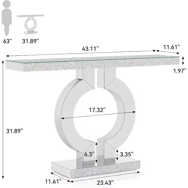 Console Lantine 43" en verre miroir avec base en O, table d'entrée ou de canapé pour salon, couloir, finition miroir