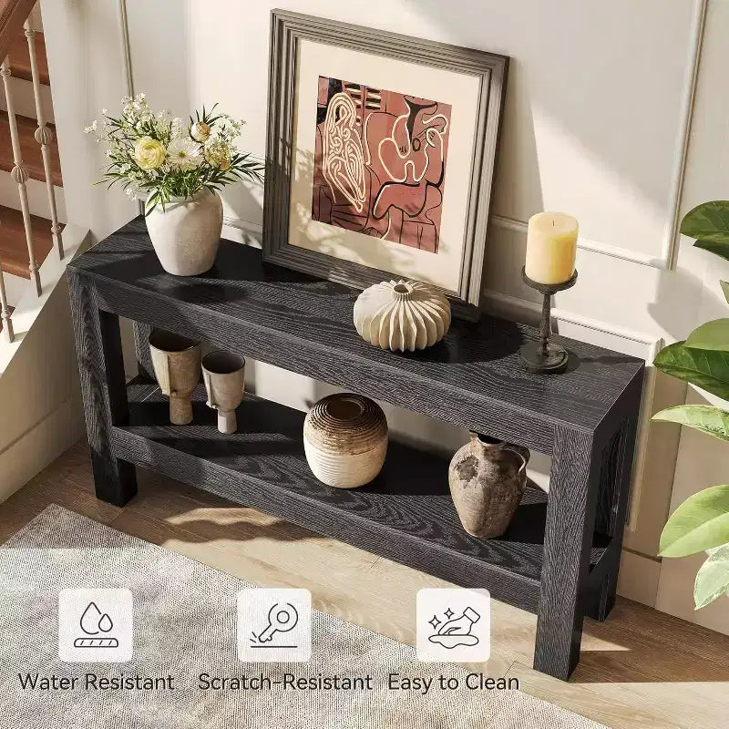 Lantine Table console noire de 160 cm, table d'entrée longue et étroite en bois avec étagères de rangement à 2 niveaux pour entrée, salon, couloir, derrière le canapé