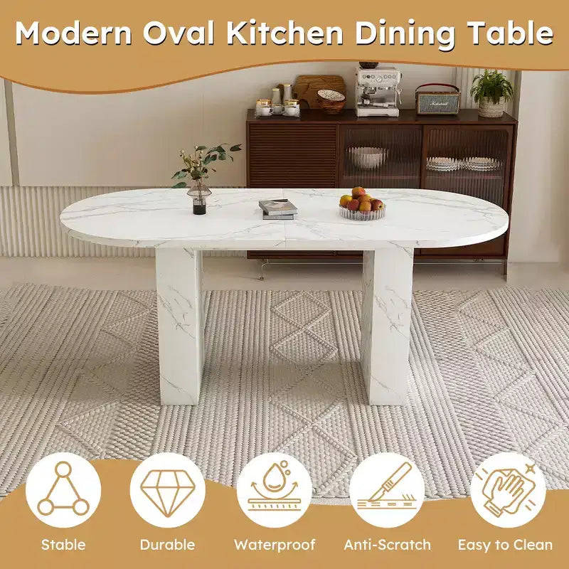 MAYEERTY Table à manger ovale pour 6 personnes, table de cuisine avec base en bois à lattes, table de salle à manger de style ferme, résistante à l'eau et aux rayures