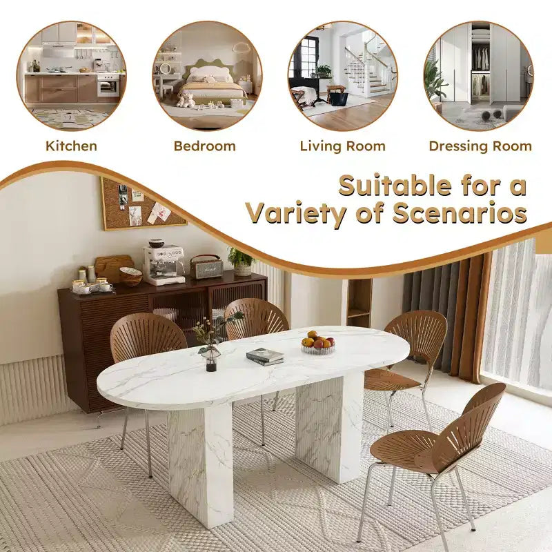 MAYEERTY Table à manger ovale pour 6 personnes, table de cuisine avec base en bois à lattes, table de salle à manger de style ferme, résistante à l'eau et aux rayures