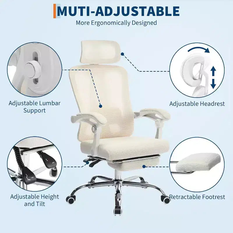 Chaise de bureau ergonomique avec repose-pieds rétractable, dossier haut en maille avec appui-tête et support lombaire réglables, fauteuil d'ordinateur inclinable