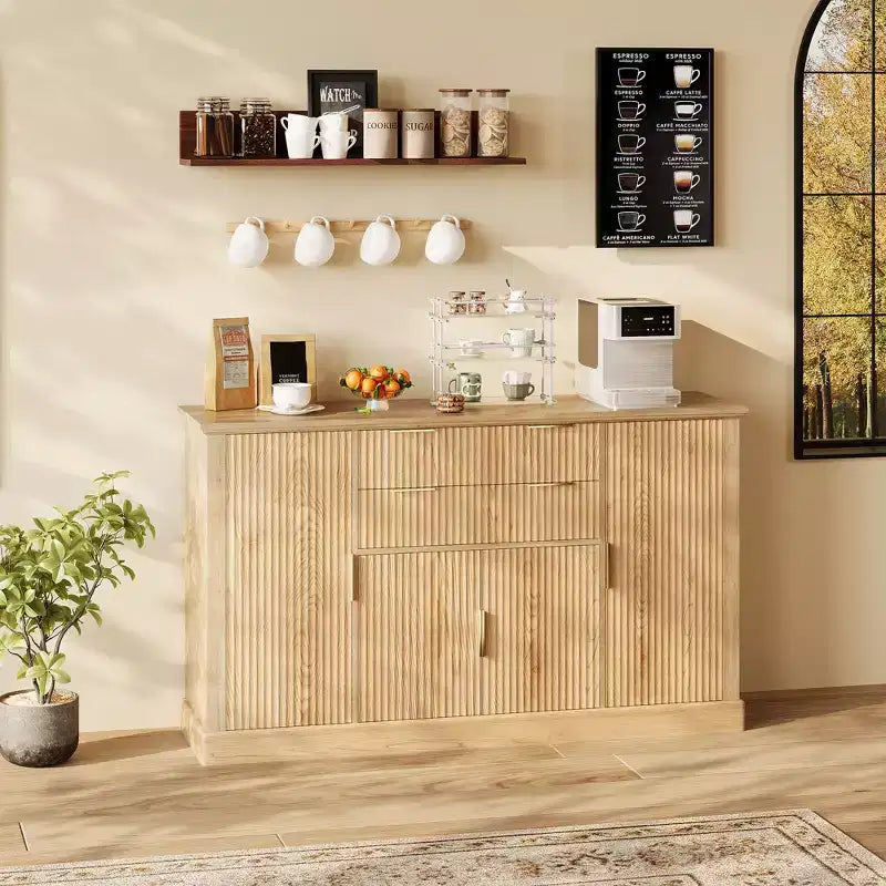 Meuble de rangement buffet de 58 po, meuble de bar à café cannelé avec 2 tiroirs, console multimédia en bois, bahut d'appoint pour salon, cuisine, noyer