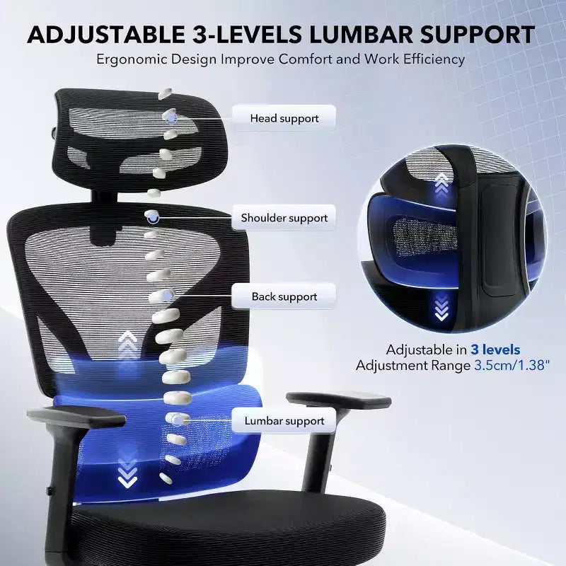 Chaise de bureau avec support lombaire réglable Chaise de bureau et de jeu à dossier haut avec accoudoirs 3D, appui-tête et roulettes pivotantes Chaise en maille confortable