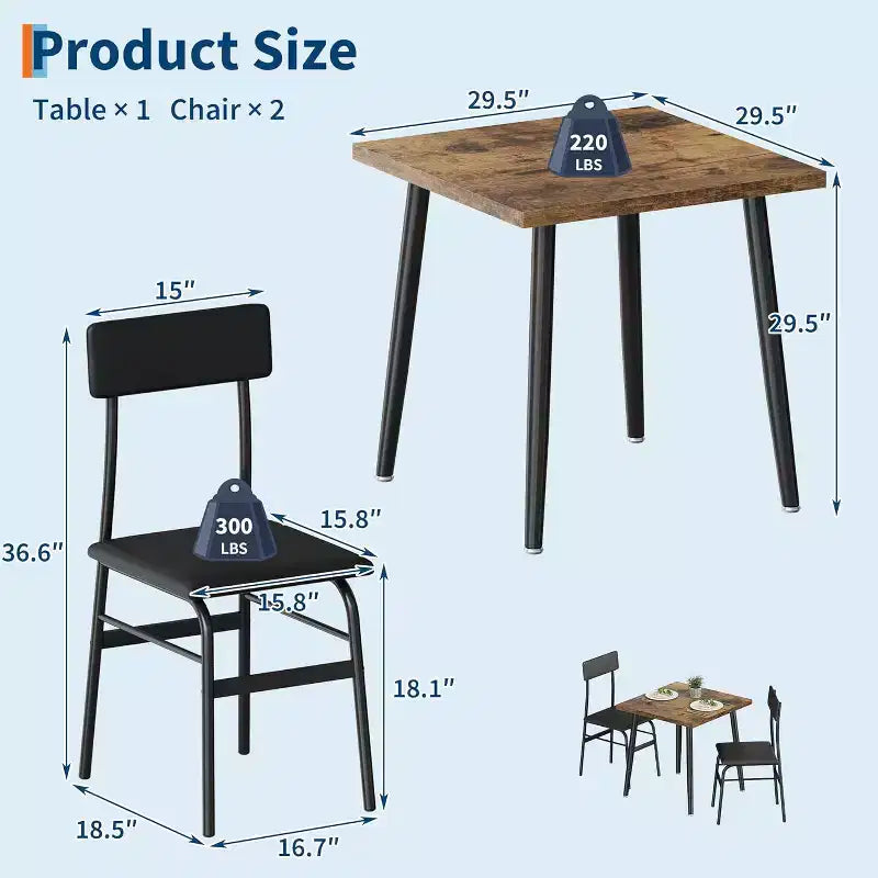 Petit ensemble de table à manger pour 2 personnes, ensemble de table de cuisine 3 pièces avec 2 chaises rembourrées, table de petit-déjeuner pour petit espace, salle à manger, appartement, restaurant