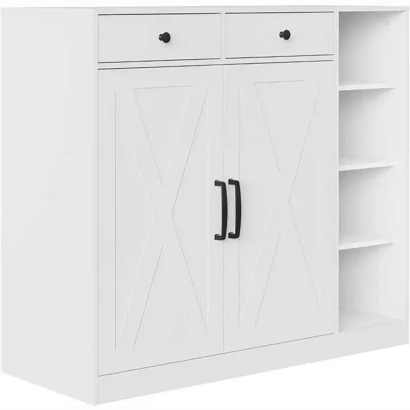 White Shoe Cabinet with Barn Doors & Drawers - 7-Tier Entryway Organizer with Adjustable Shelves for Hallway Mudroom