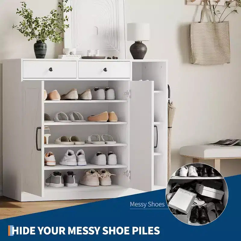Meuble à chaussures blanc avec portes coulissantes et tiroirs - Organisateur d'entrée à 7 niveaux avec étagères réglables pour couloir et buanderie