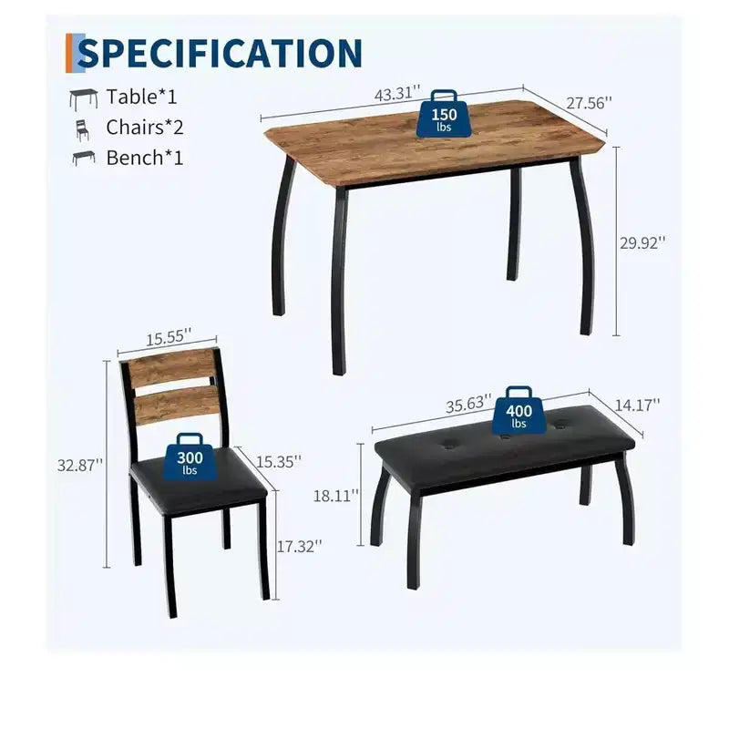 Ensemble de table à manger en bois 4 pièces, pour salle à manger, bureau à domicile et salon, vintage