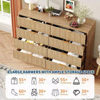 Commode 8 tiroirs cannelés, commode large pour chambre et rangement de placard, bois naturel