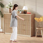 Commode 8 tiroirs cannelés, commode large pour chambre et rangement de placard, bois naturel