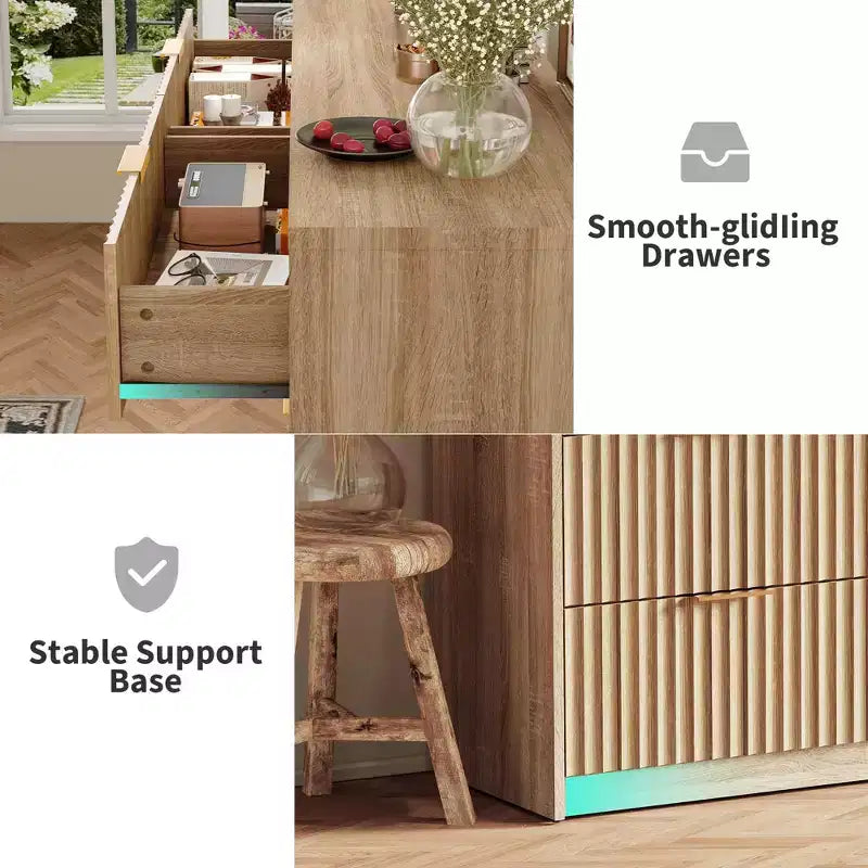 Commode 8 tiroirs cannelés, commode large pour chambre et rangement de placard, bois naturel