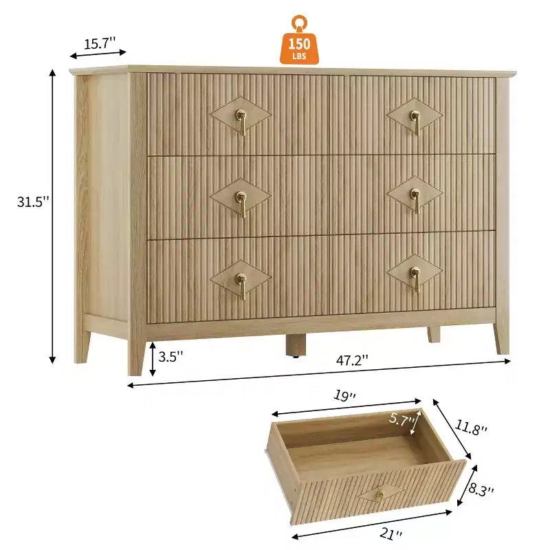 Commode 6 tiroirs de 122 cm de large, Commode moderne avec poignées métalliques pour rangement de chambre, Bois naturel