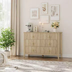 Commode 6 tiroirs de 122 cm de large, Commode moderne avec poignées métalliques pour rangement de chambre, Bois naturel