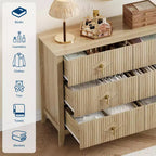Commode 6 tiroirs de 122 cm de large, Commode moderne avec poignées métalliques pour rangement de chambre, Bois naturel