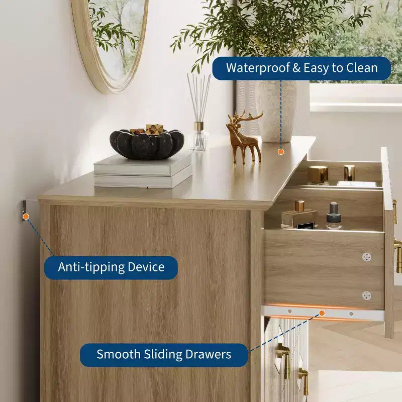 Commode 6 tiroirs de 122 cm de large, Commode moderne avec poignées métalliques pour rangement de chambre, Bois naturel