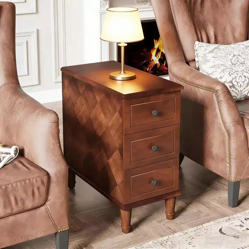 Table de chevet en bois, table d'appoint étroite à 3 tiroirs, entièrement assemblée