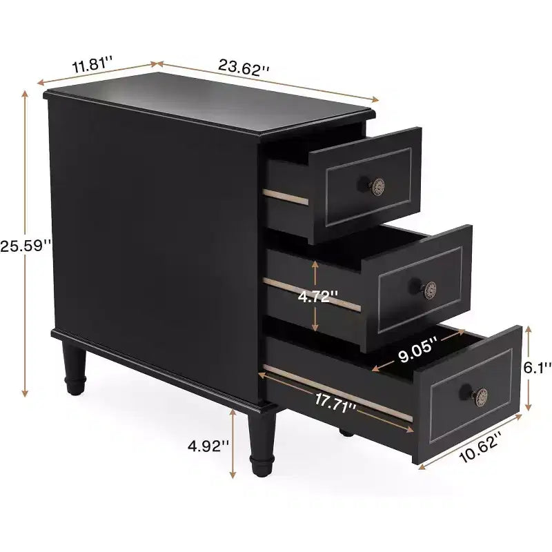 Table de chevet en bois, table d'appoint étroite à 3 tiroirs, entièrement assemblée