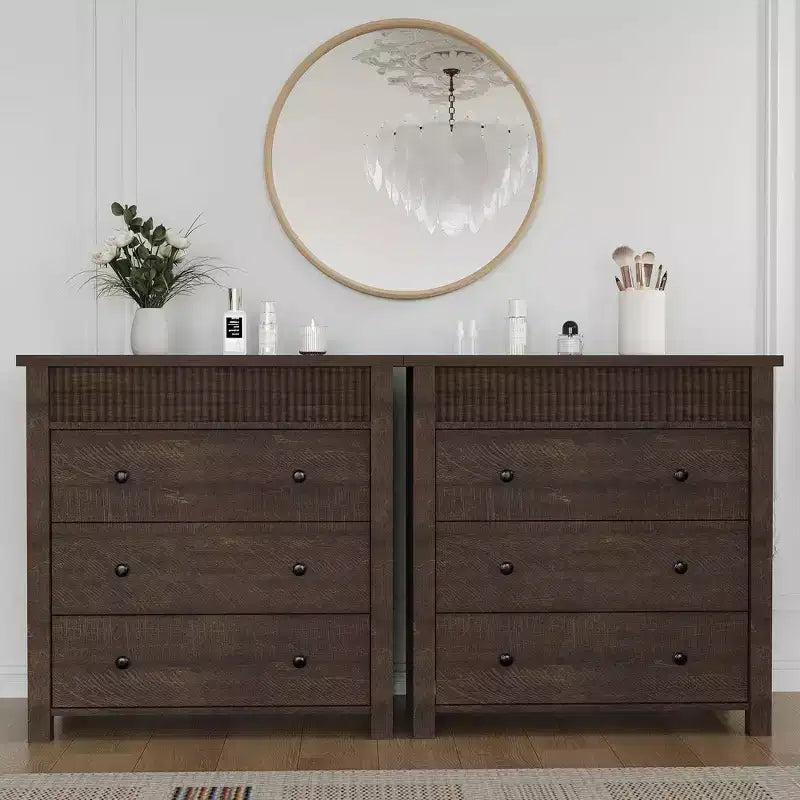 Commode de chevet à 3 tiroirs, Table d'appoint cannelée en bois pour chambre à coucher, Rouge marron
