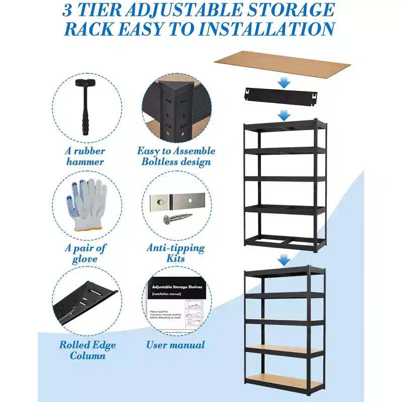 Étagères de rangement métalliques de garage, Étagères de garage réglables, Étagères à 5 niveaux, Racks utilitaires pour entrepôt, cellier, sous-sol