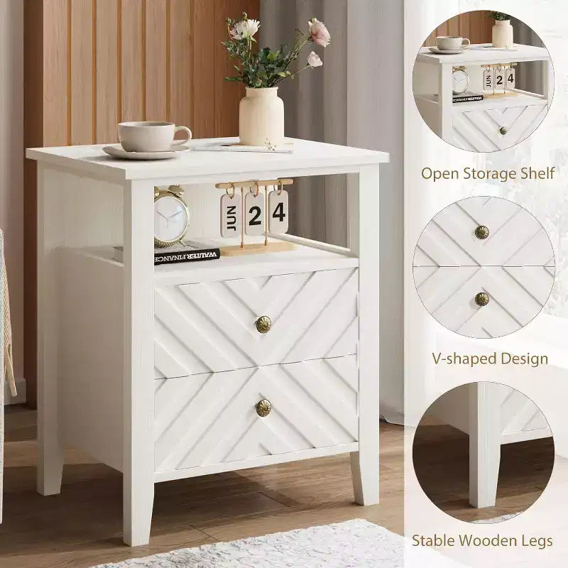 Table de chevet LED avec 2 tiroirs - Table de chevet de style ferme avec design en V pour chambre à coucher
